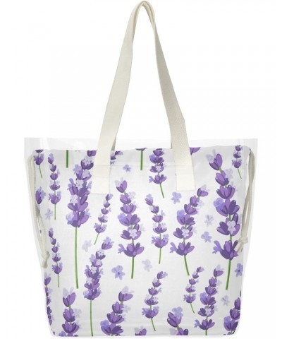 Violet Lavender Flowers Beach Tote Bag, 2 in 1 Clear Shoulder Bag Handbag for Women $13.33 Totes