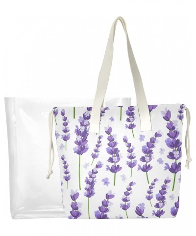 Violet Lavender Flowers Beach Tote Bag, 2 in 1 Clear Shoulder Bag Handbag for Women $13.33 Totes