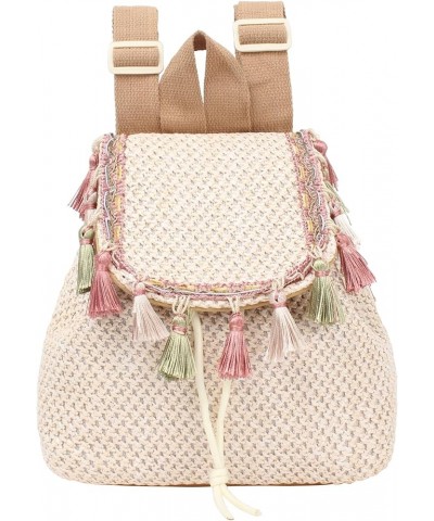 Women Small Wavy Striped Straw Woven Backpack Tassels Faux Leather Flap Drawstring Daypack Shoulders Bag Tassels White $27.18...