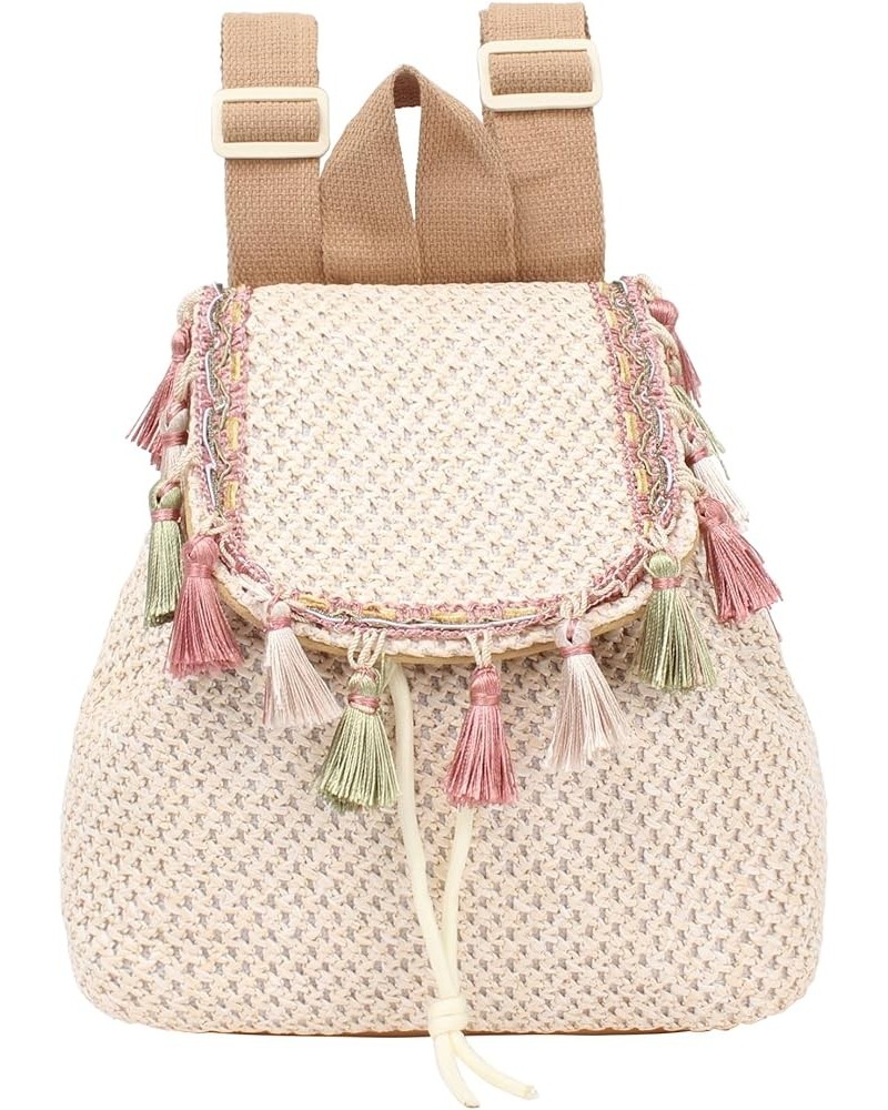 Women Small Wavy Striped Straw Woven Backpack Tassels Faux Leather Flap Drawstring Daypack Shoulders Bag Tassels White $27.18...