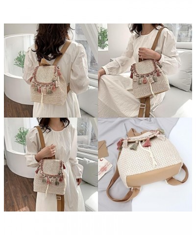 Women Small Wavy Striped Straw Woven Backpack Tassels Faux Leather Flap Drawstring Daypack Shoulders Bag Tassels White $27.18...