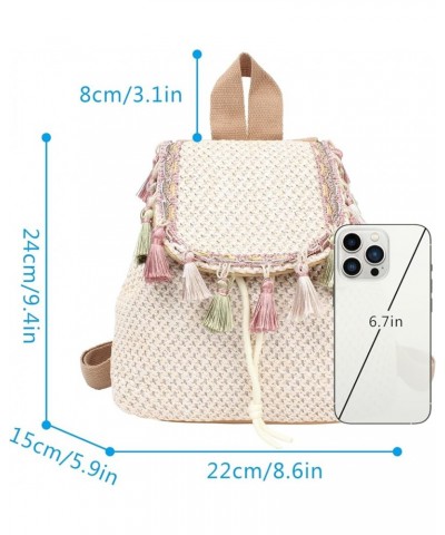 Women Small Wavy Striped Straw Woven Backpack Tassels Faux Leather Flap Drawstring Daypack Shoulders Bag Tassels White $27.18...