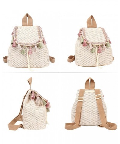 Women Small Wavy Striped Straw Woven Backpack Tassels Faux Leather Flap Drawstring Daypack Shoulders Bag Tassels White $27.18...