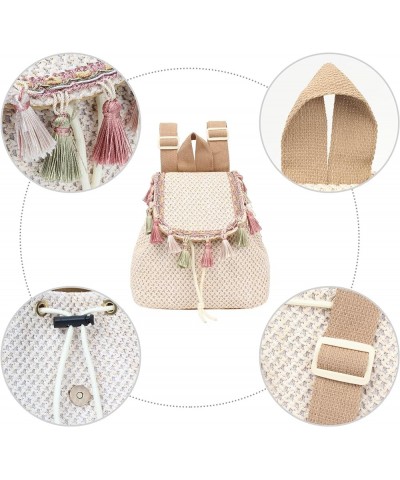 Women Small Wavy Striped Straw Woven Backpack Tassels Faux Leather Flap Drawstring Daypack Shoulders Bag Tassels White $27.18...