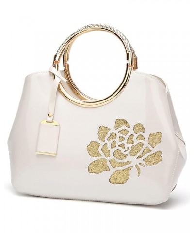 Women Handbag Patent Leather Flower Pattern Satchel Charm Glossy Purse Metal Grip Structured Shoulder Bag Wine White $47.49 T...