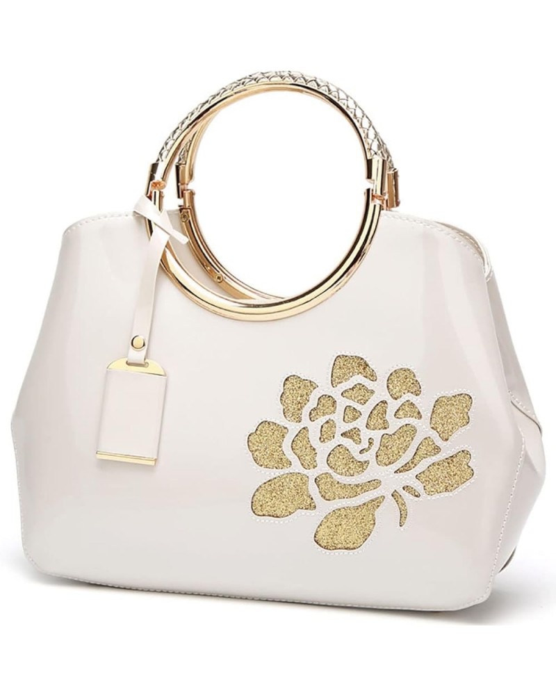 Women Handbag Patent Leather Flower Pattern Satchel Charm Glossy Purse Metal Grip Structured Shoulder Bag Wine White $47.49 T...