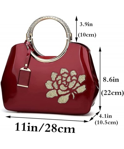 Women Handbag Patent Leather Flower Pattern Satchel Charm Glossy Purse Metal Grip Structured Shoulder Bag Wine White $47.49 T...