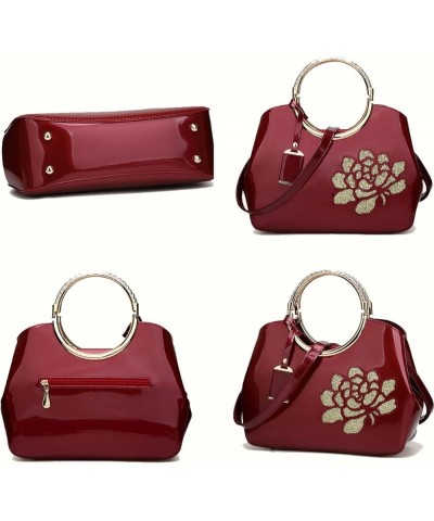 Women Handbag Patent Leather Flower Pattern Satchel Charm Glossy Purse Metal Grip Structured Shoulder Bag Wine White $47.49 T...