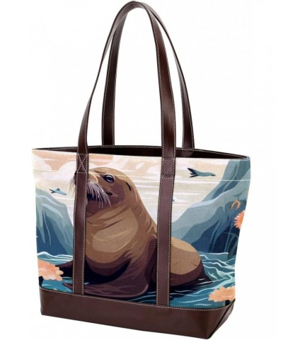 Sea Lion Canvas Leather Mix Handbag - 13.3x4.7x12.2 in - Stylish and Practical Women's Tote Bag $24.47 Totes