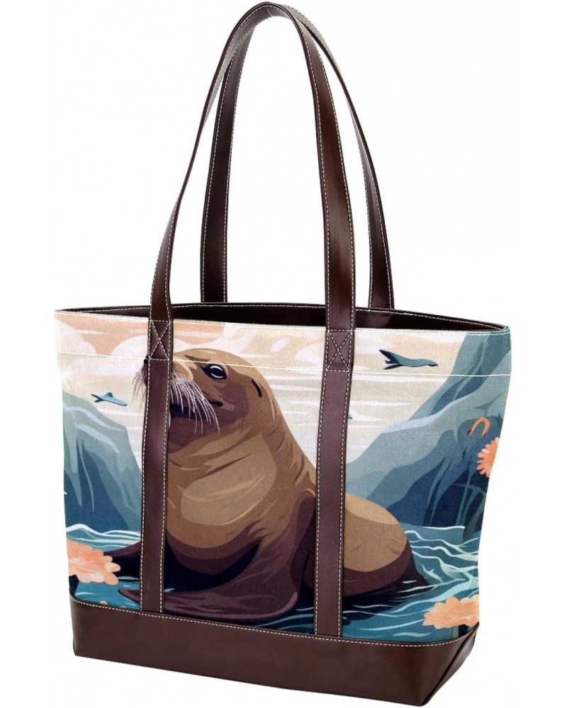 Sea Lion Canvas Leather Mix Handbag - 13.3x4.7x12.2 in - Stylish and Practical Women's Tote Bag $24.47 Totes