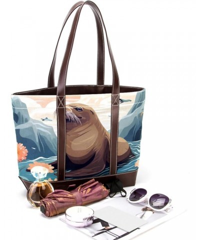 Sea Lion Canvas Leather Mix Handbag - 13.3x4.7x12.2 in - Stylish and Practical Women's Tote Bag $24.47 Totes