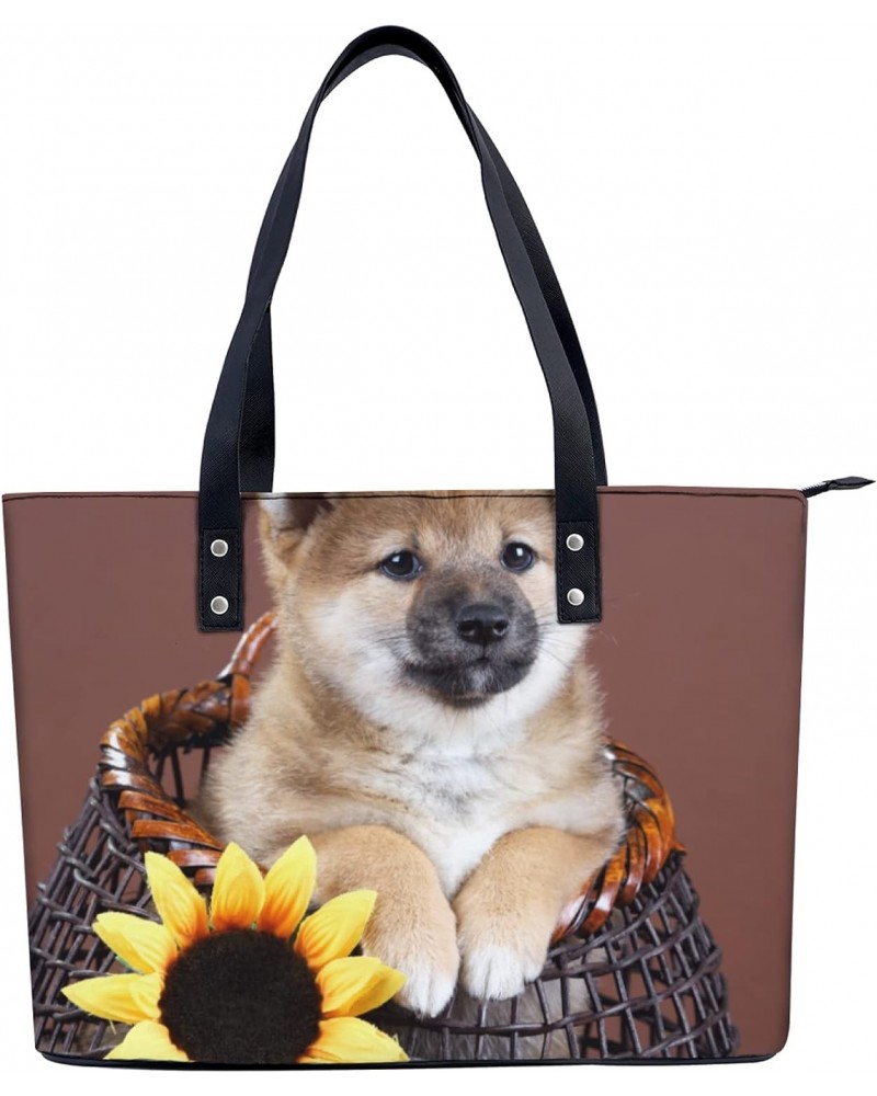 Cute Puppy And Sunflower Tote Bag Lightweight Handbag for Shopping Gym Hiking Travel Pool Yoga Shoulder Bag with Outer Zipper...