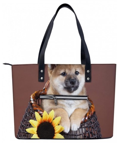 Cute Puppy And Sunflower Tote Bag Lightweight Handbag for Shopping Gym Hiking Travel Pool Yoga Shoulder Bag with Outer Zipper...