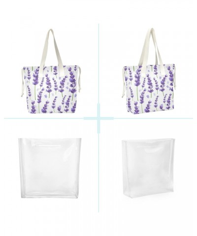 Violet Lavender Flowers Beach Tote Bag, 2 in 1 Clear Shoulder Bag Handbag for Women $13.33 Totes