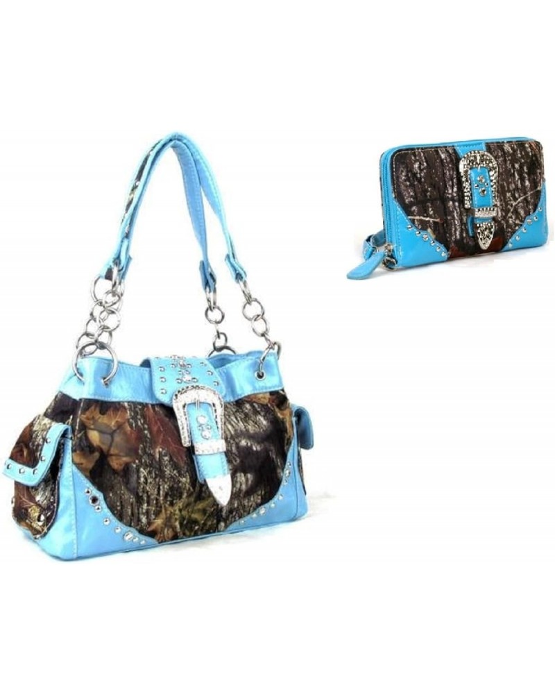 JP Camo Bling Rhinestone Buckle Shoulder Bag Purse Zipper Wristlet Wallet Set Blue $27.28 Wristlets