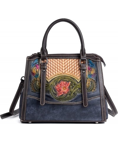 Vintage Ethnic Tote Bag for Women, Genuine Leather Floral Embossed Handbag Braided Crossbody Satchel Bags Blue $60.49 Satchels