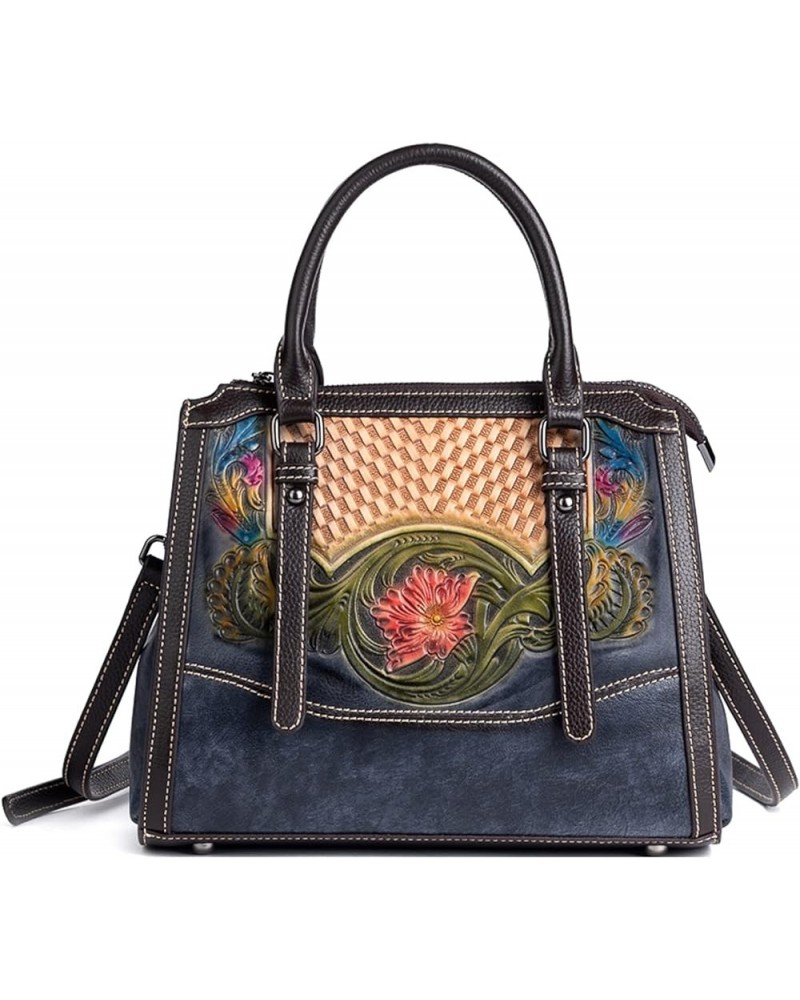 Vintage Ethnic Tote Bag for Women, Genuine Leather Floral Embossed Handbag Braided Crossbody Satchel Bags Blue $60.49 Satchels