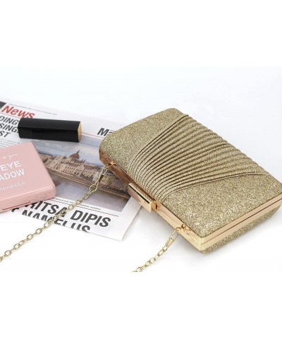 Women Mini Glitter Evening Handbag Clutch Chain Strap Cross-body Shoulder Bag Pleated Golden $14.26 Evening Bags