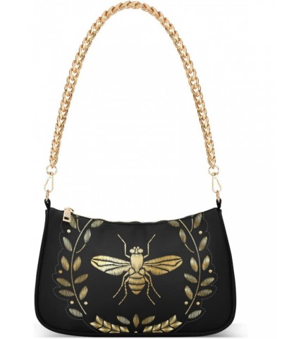 Embroidered Bee Shoulder Bag for Women Fabric Crescent Handbag with Zipper Chain Clutch Purses for Girls Travel Party Concert...