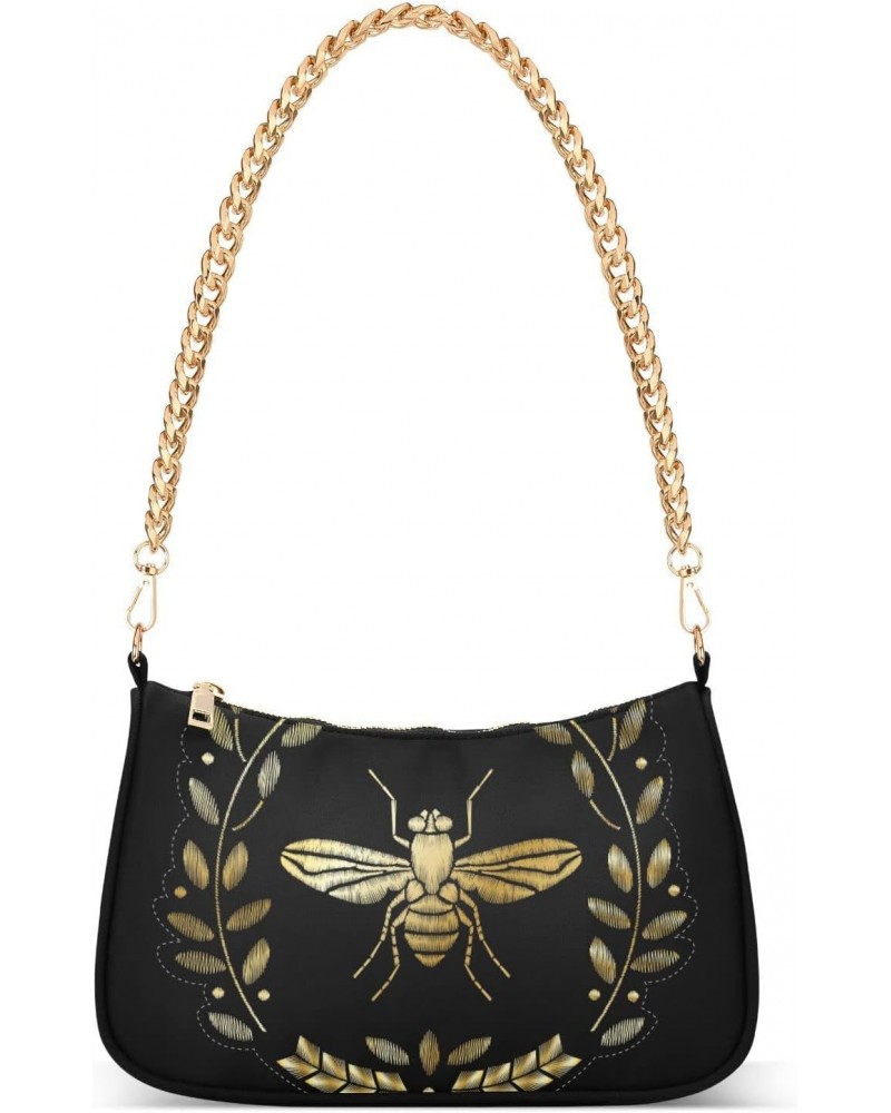 Embroidered Bee Shoulder Bag for Women Fabric Crescent Handbag with Zipper Chain Clutch Purses for Girls Travel Party Concert...