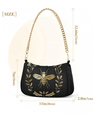 Embroidered Bee Shoulder Bag for Women Fabric Crescent Handbag with Zipper Chain Clutch Purses for Girls Travel Party Concert...