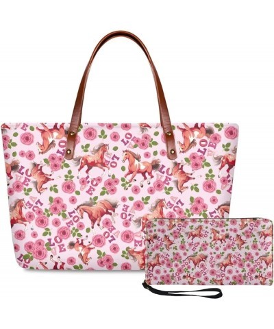 Purse and Wallet Set, Large Tote and Wallet Set for Women, Lightweight Purses Set Horse Love Rose Print-pink $25.47 Totes