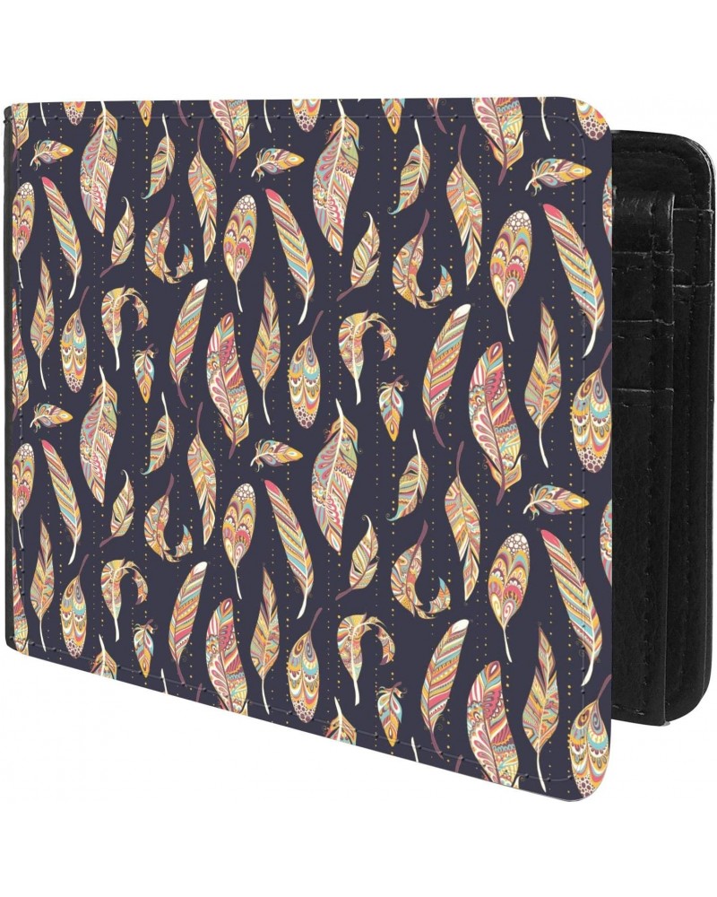 Unique Desige Pattern - Rustic Ethnic decorative feathers, Slim Front Pocket Wallet Billfold RFID Blocking $8.75 Wallets