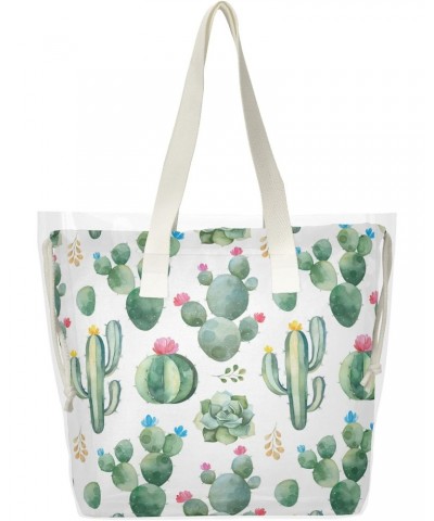 Green Cactus Succulents Beach Tote Bag, 2 in 1 Clear Shoulder Bag Handbag for Women $16.11 Totes