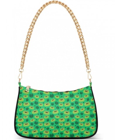 Women Chain Shoulder Purse Bag With Zipper Green Tone Cute Frog Print, Lotus Pond Hobo Tote Clutch Handbags with Chain Strap ...