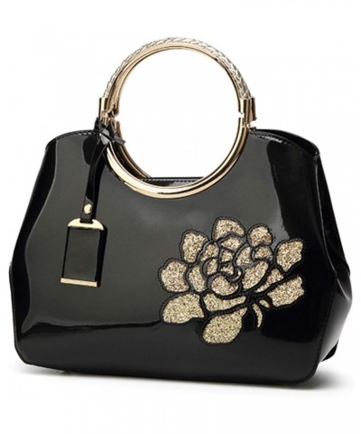 Women Purse and Handbag Patent Leather Satchel Flower Printing Tote Top Handle Shoulder Bag With Pendant Black $23.77 Totes