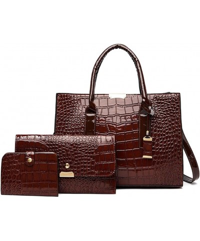 Women Handbag PU Leather Crocodile Leather Wallet Card Hold Shoulder Bag Purse 3 Pcs Set Brown $31.09 Wallets