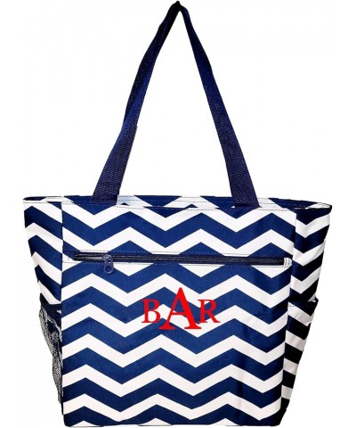 Large Multi - Pocket Fashion Zipper Top Beach Bag Tote - Custom Embroidery Available Navy Chevron - Name $12.07 Totes