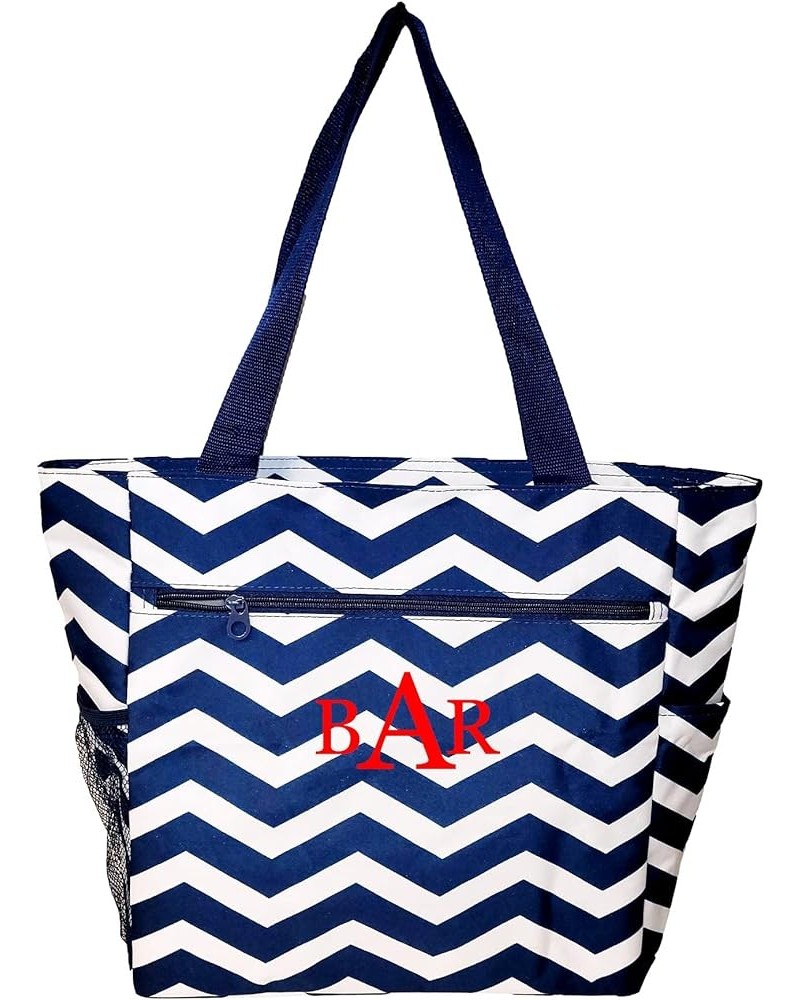 Large Multi - Pocket Fashion Zipper Top Beach Bag Tote - Custom Embroidery Available Navy Chevron - Name $12.07 Totes