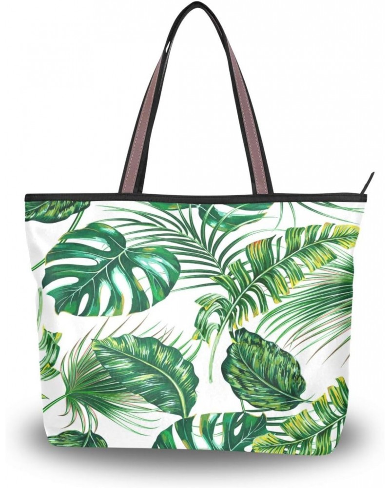 Womens Tote Bag, Tropical Palm Leaves Ladies Zip Shoulder Handbags $12.00 Shoulder Bags