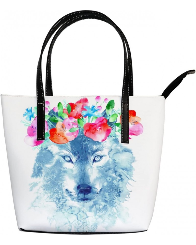 Shoulder Bag Tote Bags for Women Wolf and Floral Leather Shopper Work Handbags Large Casual Bag $22.08 Totes