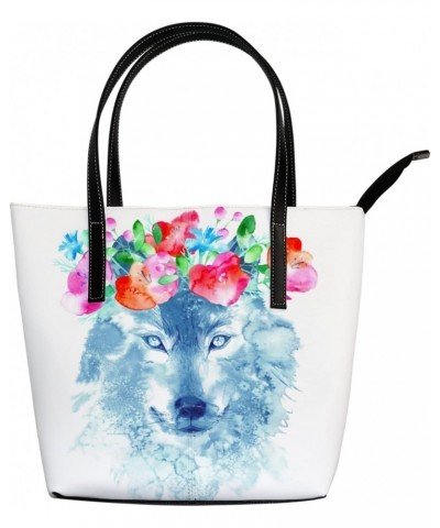 Shoulder Bag Tote Bags for Women Wolf and Floral Leather Shopper Work Handbags Large Casual Bag $22.08 Totes