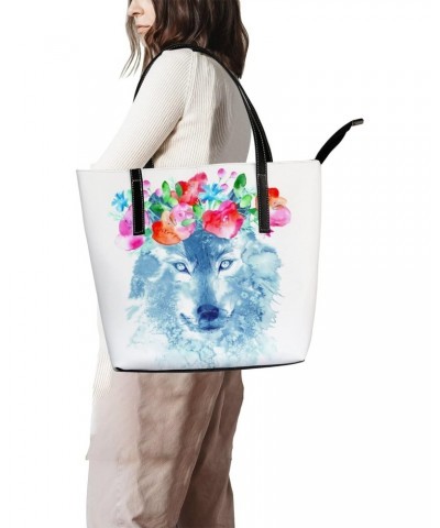 Shoulder Bag Tote Bags for Women Wolf and Floral Leather Shopper Work Handbags Large Casual Bag $22.08 Totes