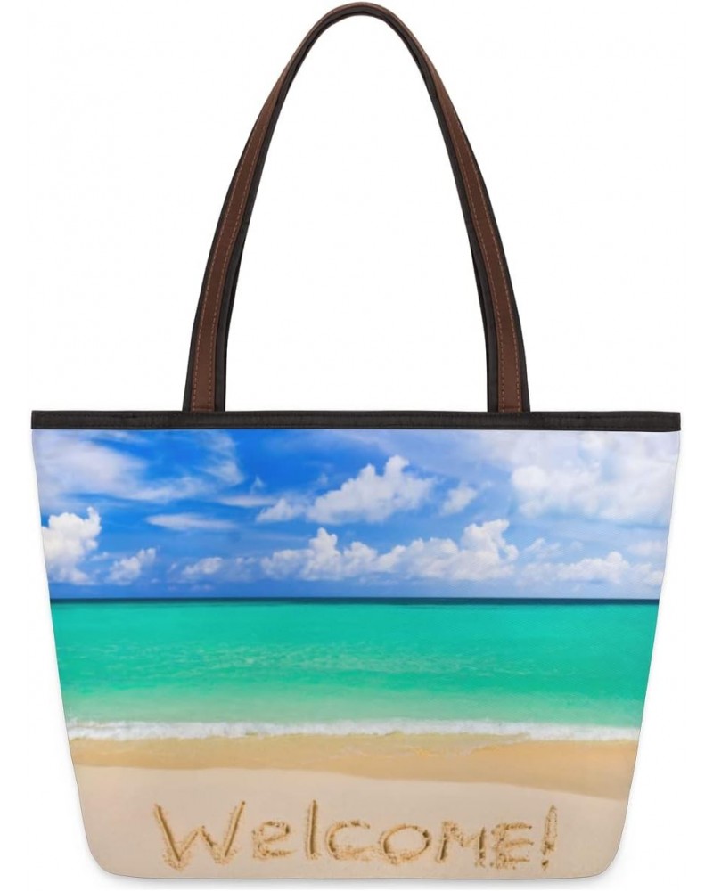 Welcome Ocean Sea Beach Blue Large Tote Bag For Women Shoulder Handbags with Zippper Top Handle Satchel Bags for Shopping Tra...