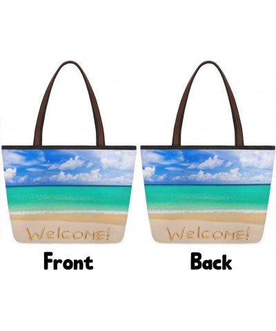 Welcome Ocean Sea Beach Blue Large Tote Bag For Women Shoulder Handbags with Zippper Top Handle Satchel Bags for Shopping Tra...