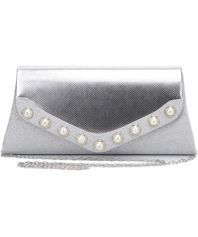 Flap Dazzling Clutch Bag Evening Bag With Detachable Chain Silver Pearl $12.74 Evening Bags