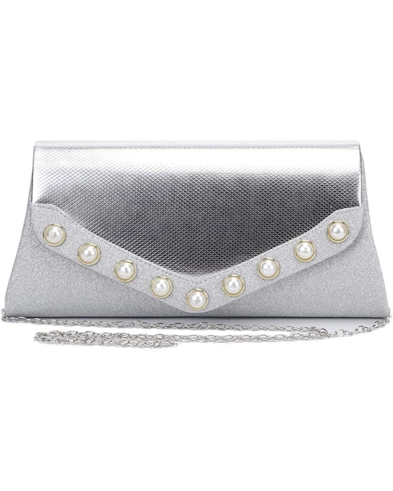 Flap Dazzling Clutch Bag Evening Bag With Detachable Chain Silver Pearl $12.74 Evening Bags