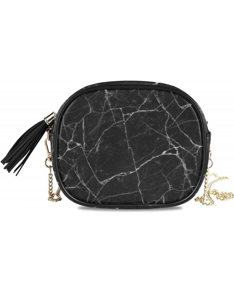 Small Crossbody Bag Black Marble Stone Texture Womens Shoulder Chain Bag PU Leather Small Purse With Tassel $10.80 Shoulder Bags