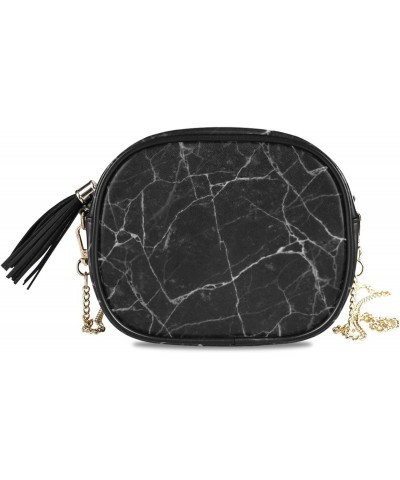 Small Crossbody Bag Black Marble Stone Texture Womens Shoulder Chain Bag PU Leather Small Purse With Tassel $10.80 Shoulder Bags