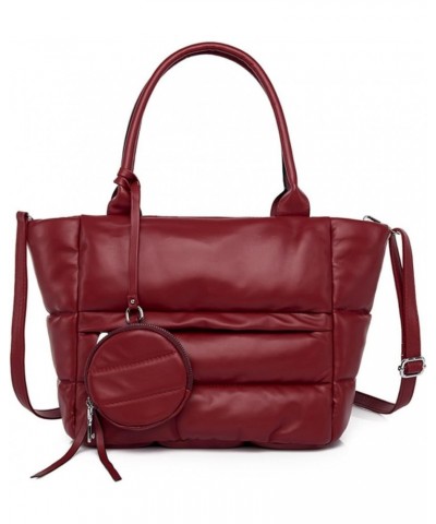 Puffy Tote PU Lambskin Puffer Handbag Faux Leather Quilted Puffy Tote for Women Quilted Tote Solid Color (Red) Red $25.80 Totes