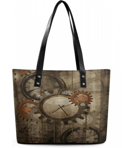 Vintage Steampunk Clocks And Gears Women Tote Bags Top Handle Satchel Handbags Faux Leather Tassel Shoulder Purse $19.00 Totes