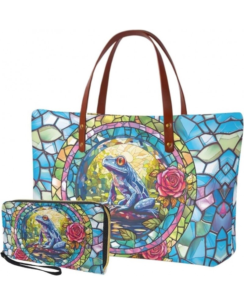 Womens Handbag with Matching Wallet, Large Top Handle Purse Shoulder Tote Bag with PU Clutch Wallet Purse Frog Rose-blue $20....