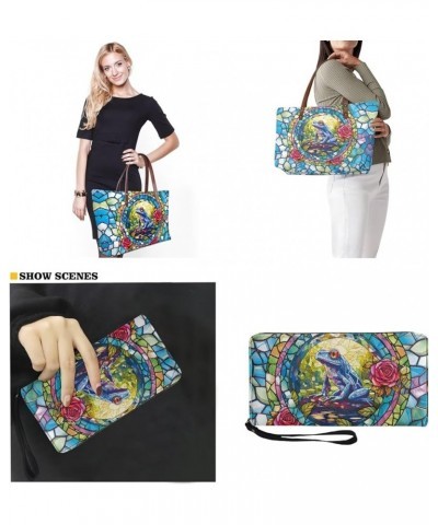 Womens Handbag with Matching Wallet, Large Top Handle Purse Shoulder Tote Bag with PU Clutch Wallet Purse Frog Rose-blue $20....