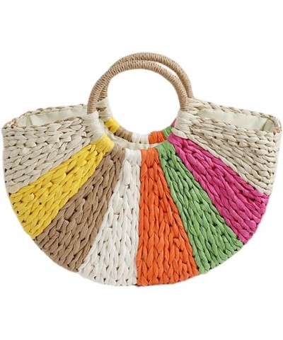 Rainbow Color Straw Bag 2023 New Summer Semi-circle Hand-held Straw Bag Woven Bag Seaside Holiday Beach Bag Beige $16.75 Totes