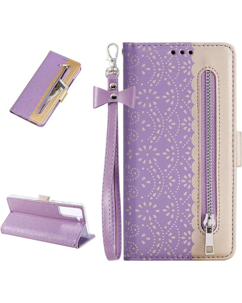 Wallet Case for Samsung Galaxy S21 6.2 Inch, Elegant Lace Flower Printed Soft PU Leather Zipper Pocket Purse Case Flip Kickst...