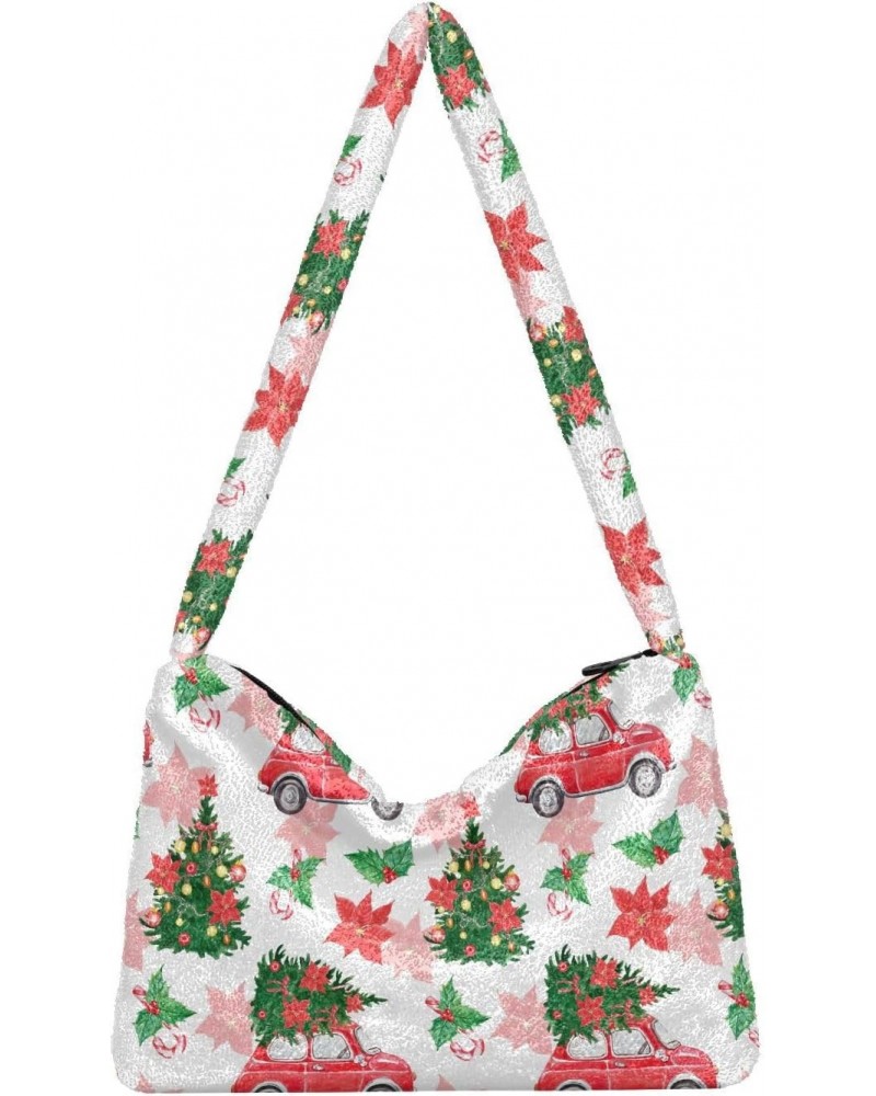 Christmas Red Truck Trees Fluffy Tote Bag Crossbody Bags Shoulder Bag Handbag Purse for Women Work Gift with Zipper $10.91 Totes